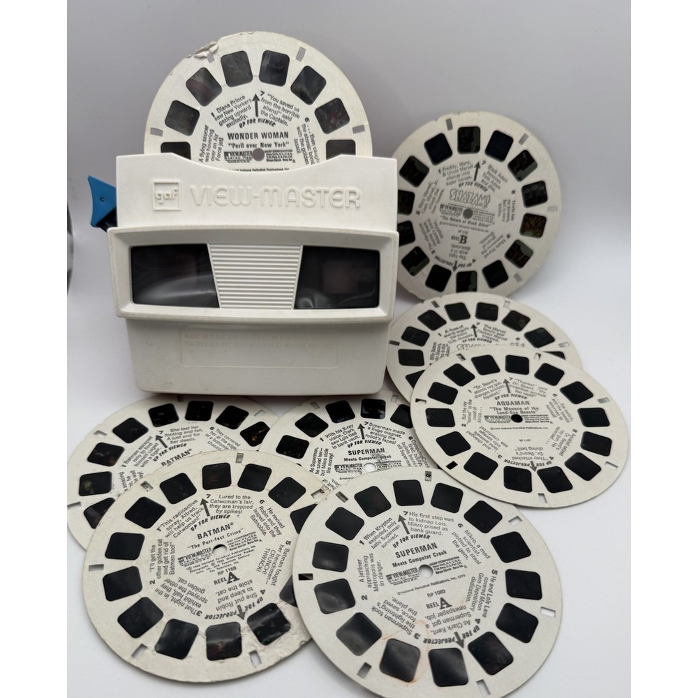 Vintage 1970s Lot 8 GAF ViewMaster Model L + 7 DC Comics Superhero Reels EUC